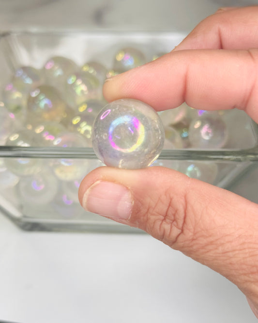 Aura Coated Quartz Mini Sphere Iridescent Crystal Pocket Stone • Rainbow Quartz Collectible Sphere for Gifts & Decor