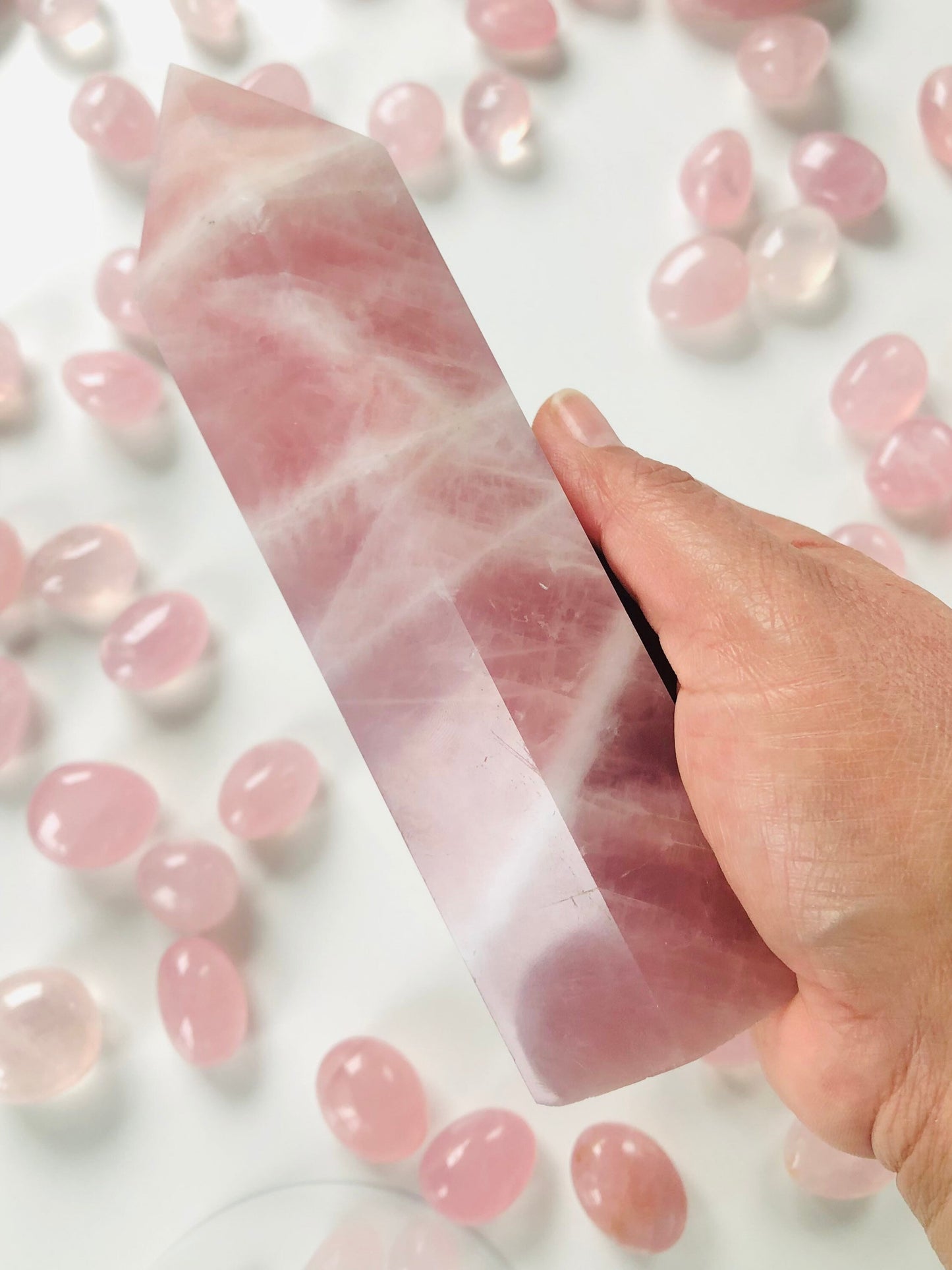 Stunning High quality Rose Quartz Tower stands 7 1/2 inches tall and weighs about 1.9 pounds, Beautiful Pink throughout