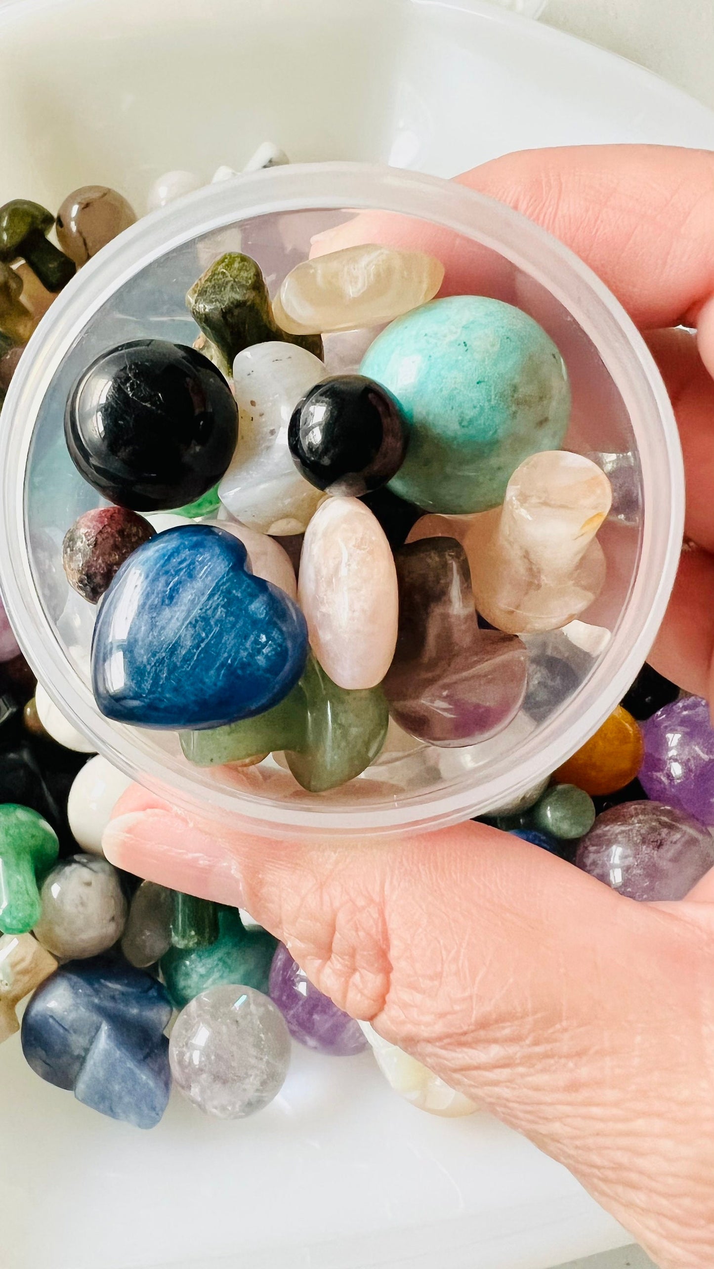 ORIGINAL MINI MIX, 3 oz of random Crystal Minis, Mushrooms, Hearts, Spheres, Moons, Stars, animals, Towers, and Pyramid carvings.