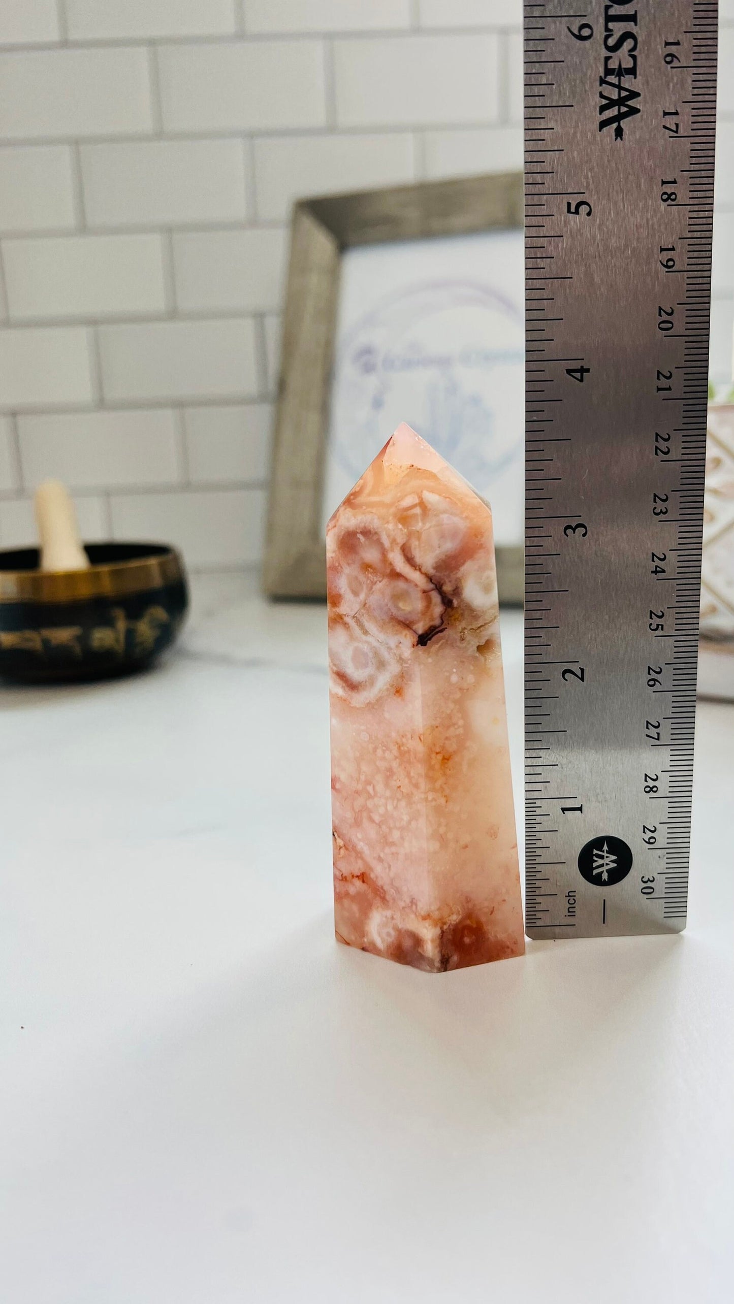 Stunning Flower Agate and Carnelian 3 3/4 inch Tower weighs 6.7 oz with beautiful pattern and bold colors