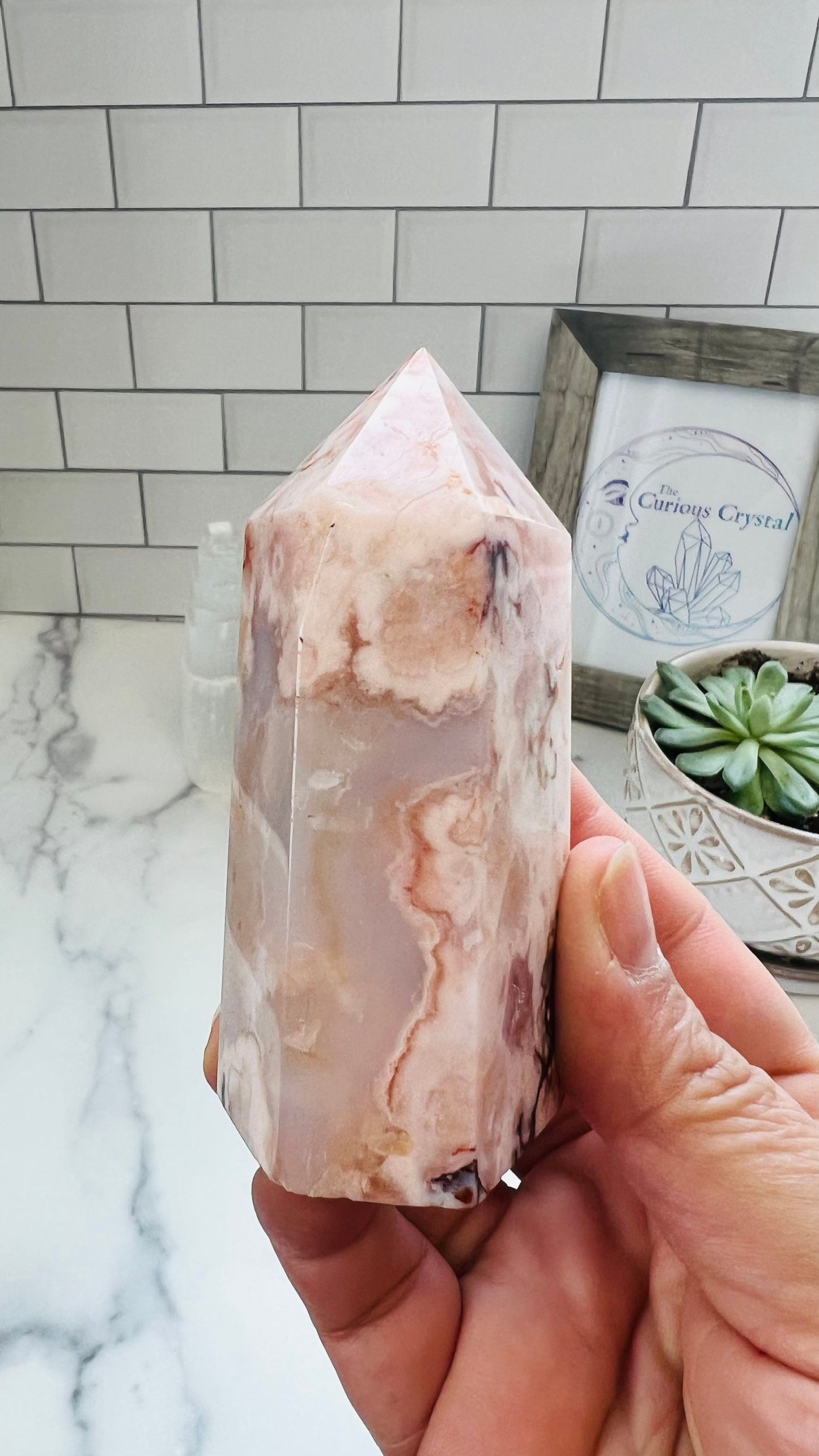 Flower Agate, Beautiful Pink Agate Chalcedony, Cottage Core || Tower || 4” inches weighs 8 oz || Fairycore || Romantic style