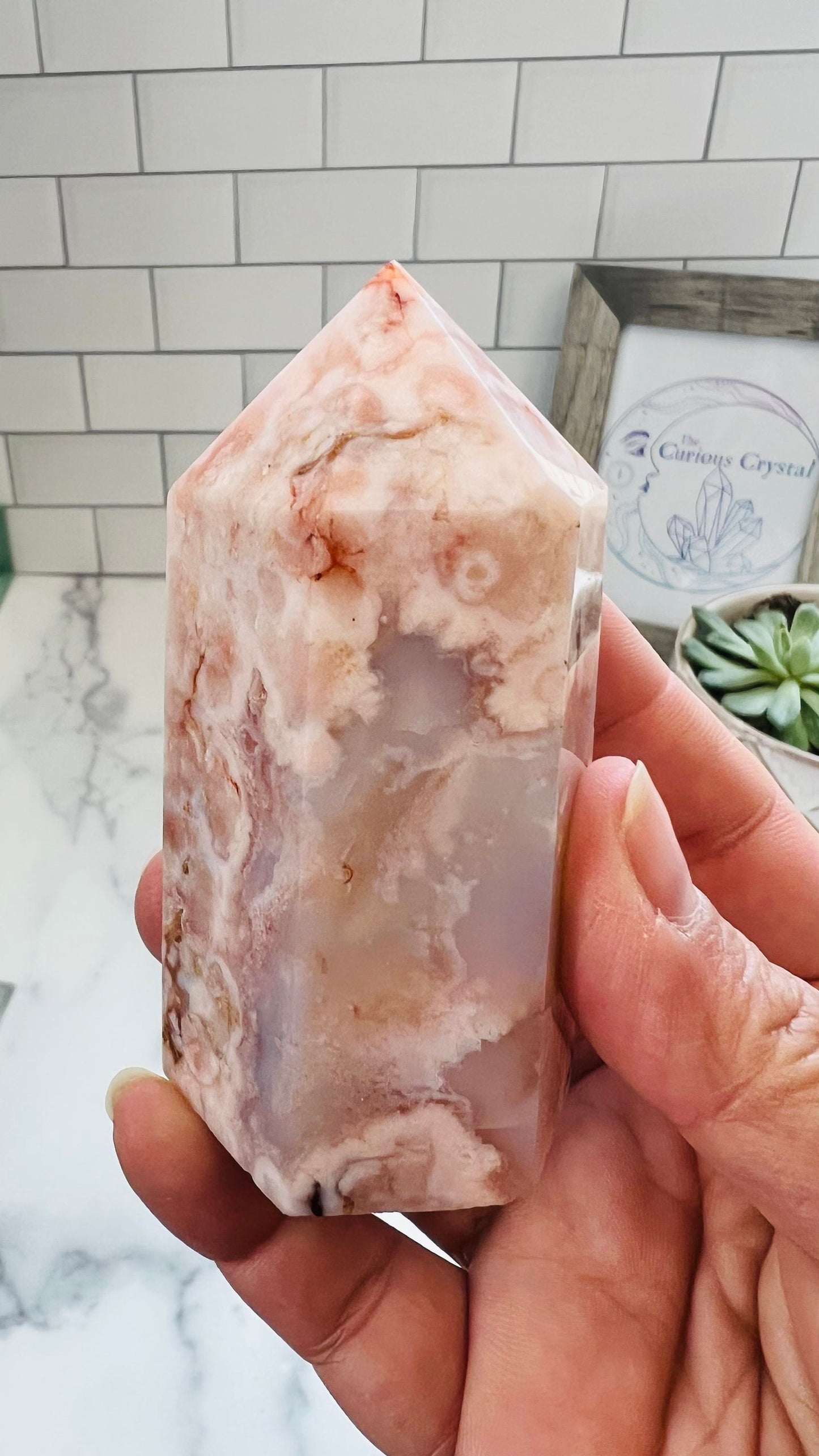 Flower Agate, Beautiful Pink Agate Chalcedony, Cottage Core || Tower || 4” inches weighs 8 oz || Fairycore || Romantic style