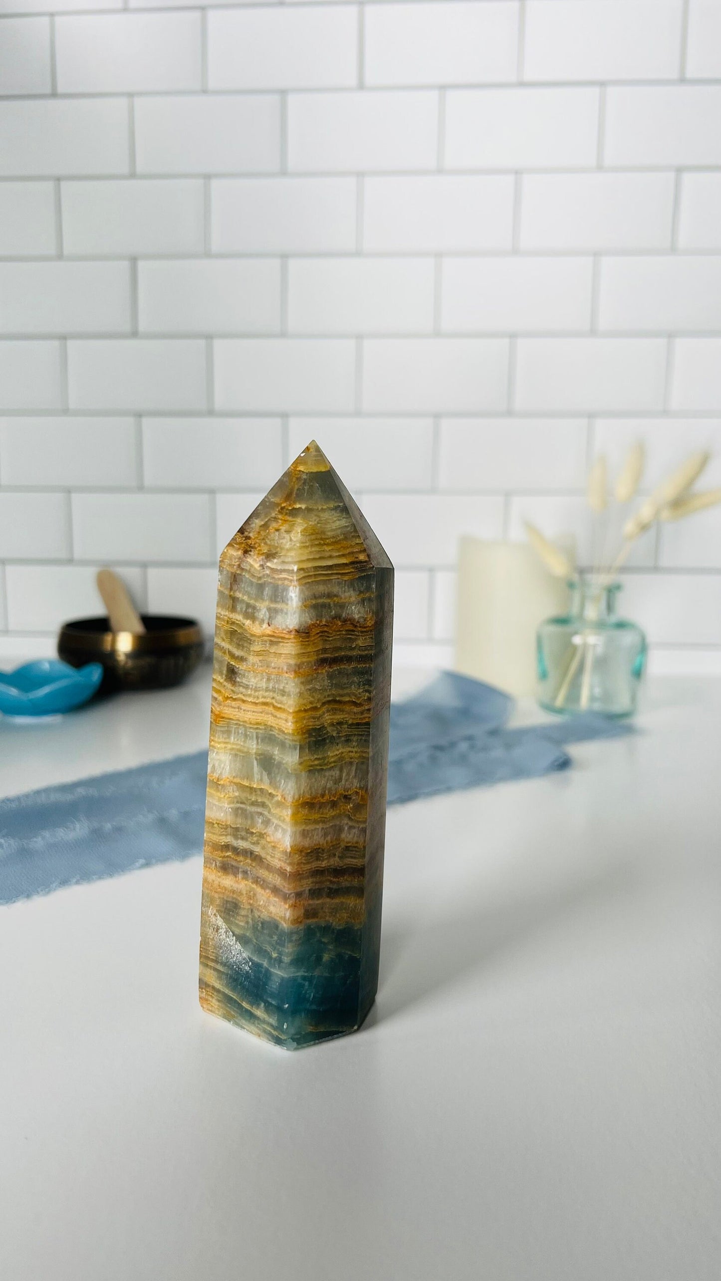 Blue Onyx, Blue Lemurian Aquatine, Aqua Tine, Blue Crystal Tower, 6 inches tall, weighs 1 pound.