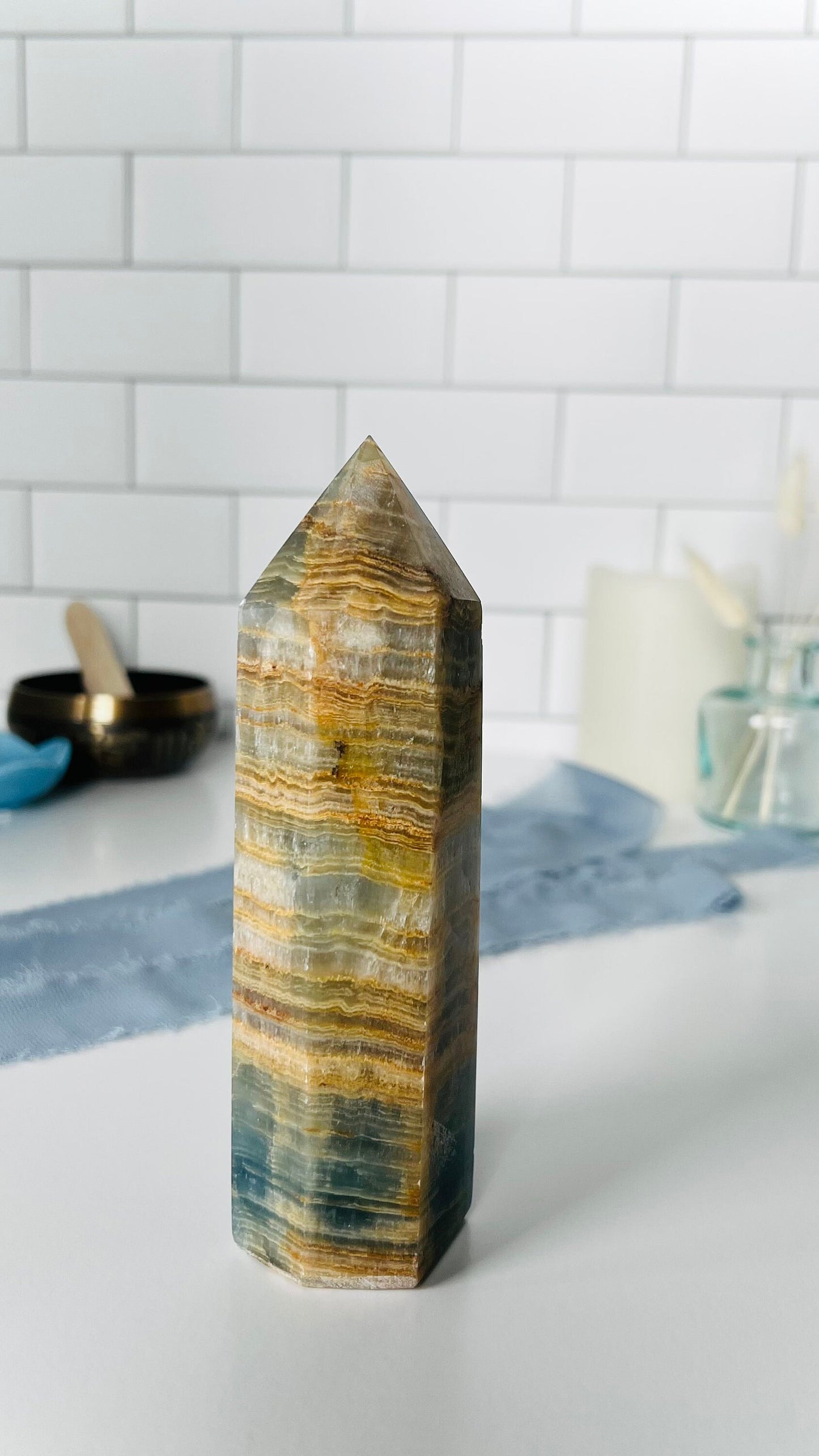 Blue Onyx, Blue Lemurian Aquatine, Aqua Tine, Blue Crystal Tower, 6 inches tall, weighs 1 pound.