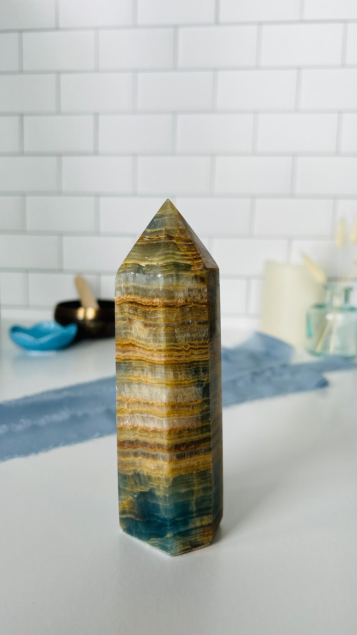Blue Onyx, Blue Lemurian Aquatine, Aqua Tine, Blue Crystal Tower, 6 inches tall, weighs 1 pound.