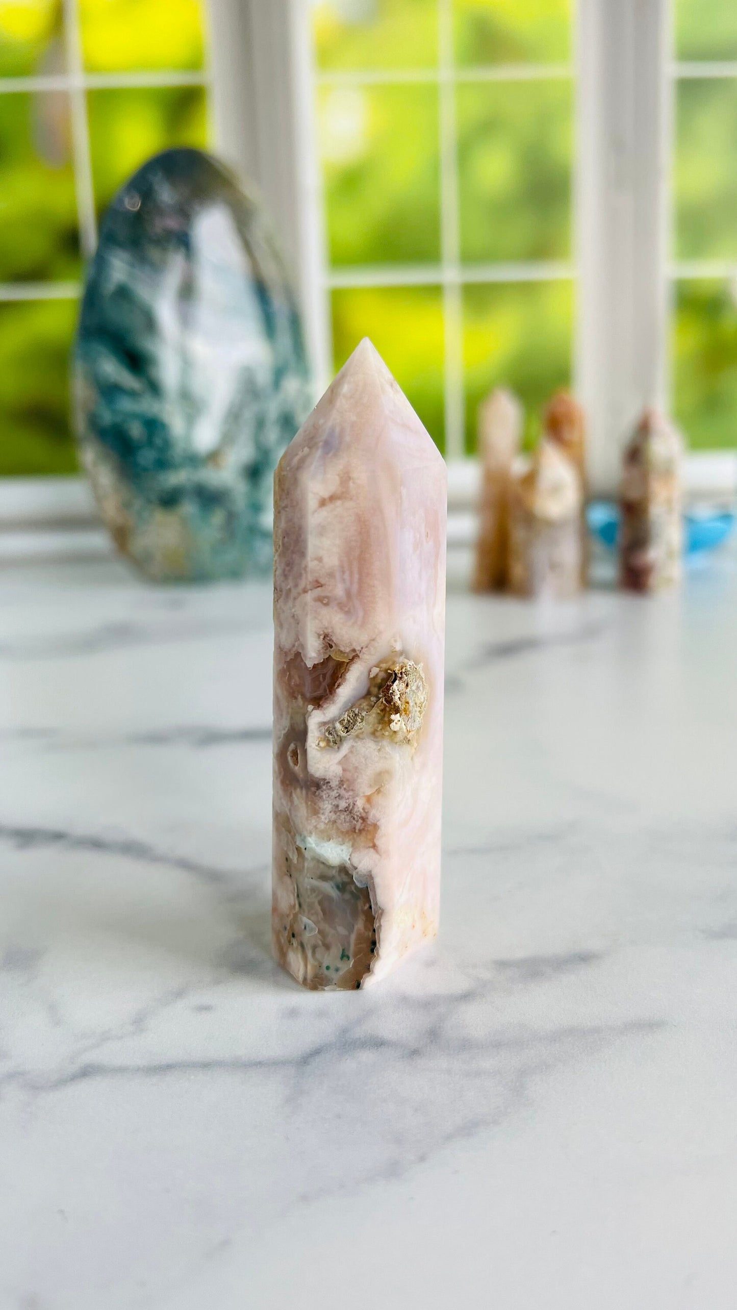 Flower Agate Tower, 3 1/2" Tall weighs 3.0 oz Soft Pink Agate Chalcedony, Cottage Core, fairycore crystals, Romantic style