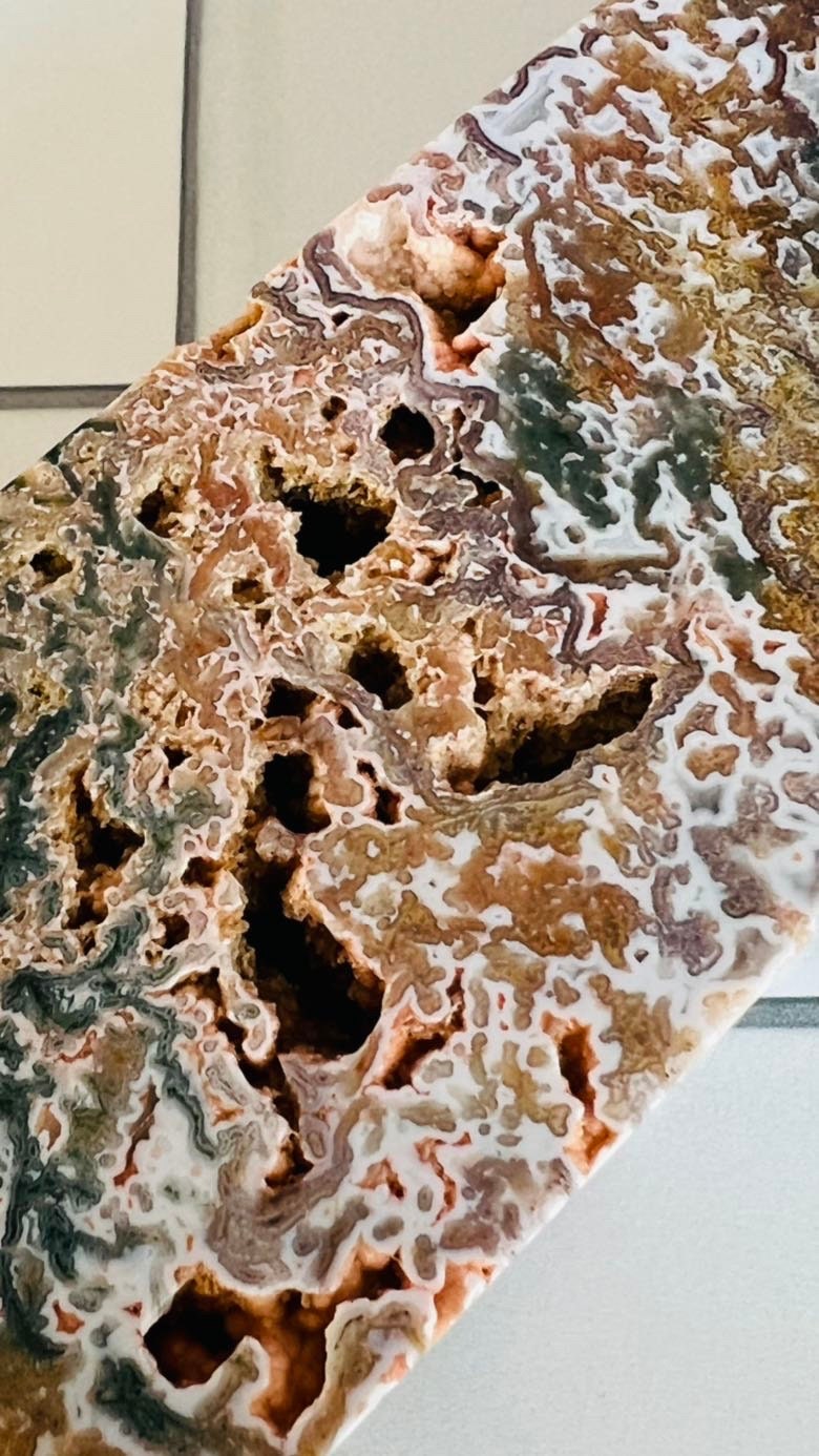 Incredible Pink Moss Agate Tower with Druzy crystal, 2.17 pounds, 9 1/4 inches, 4 sided Statement piece, CottageCore, FairyCore, Boho Decor