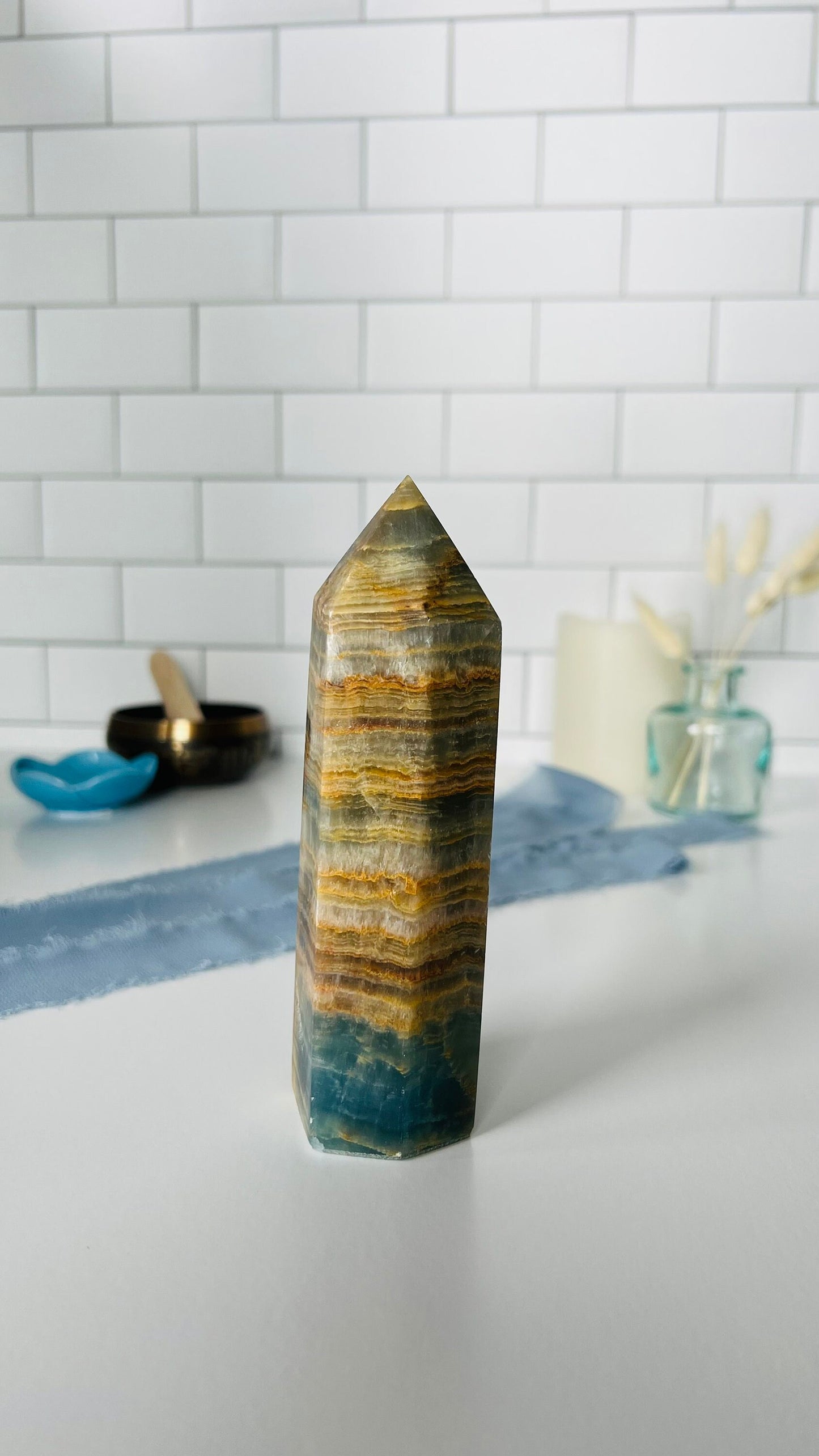 Blue Onyx, Blue Lemurian Aquatine, Aqua Tine, Blue Crystal Tower, 6 inches tall, weighs 1 pound.
