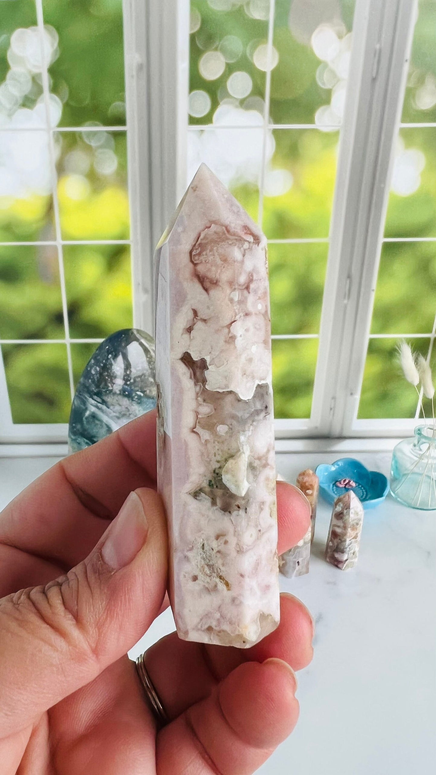 Flower Agate Tower, 3 1/2" Tall weighs 3.0 oz Soft Pink Agate Chalcedony, Cottage Core, fairycore crystals, Romantic style