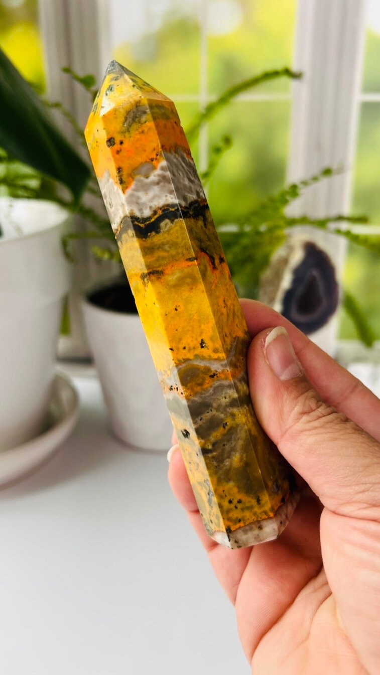 Bumble Bee Jasper Tower, bold and brightly colored crystal tower, 5 1/2 inches tall approx. 6.5 ounces.