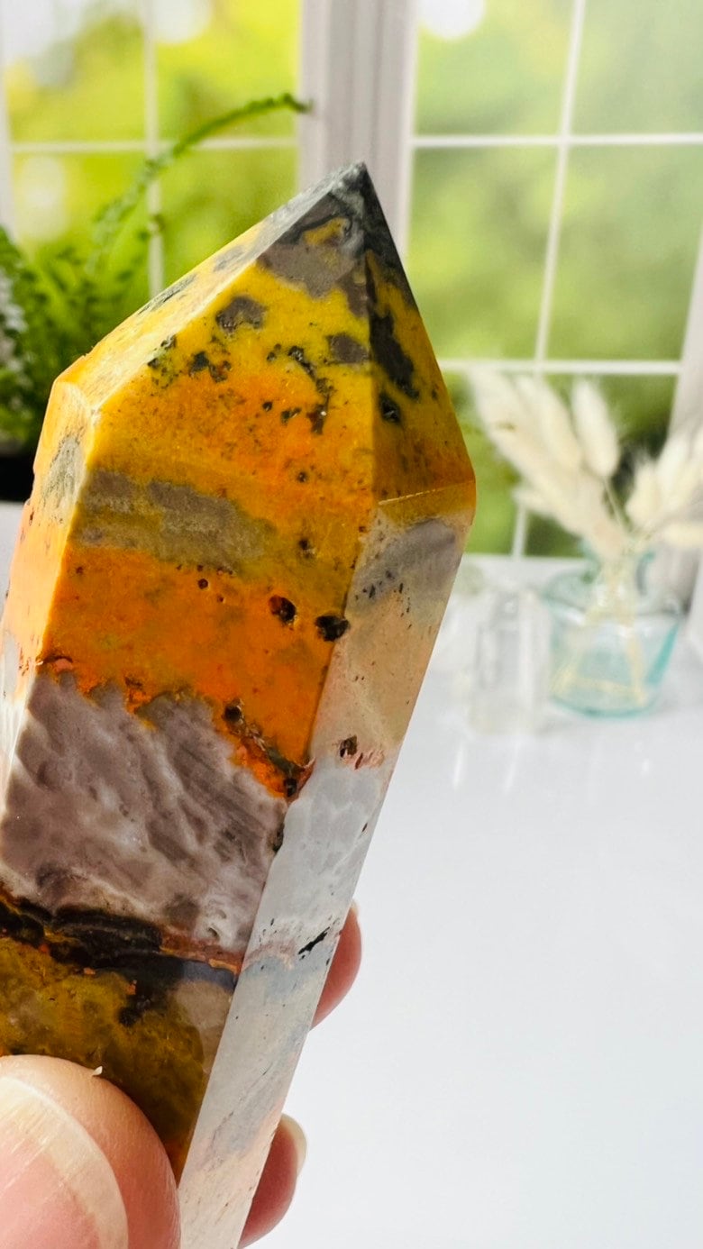 Bumble Bee Jasper Tower, bold and brightly colored crystal tower, 5 1/2 inches tall approx. 6.5 ounces.