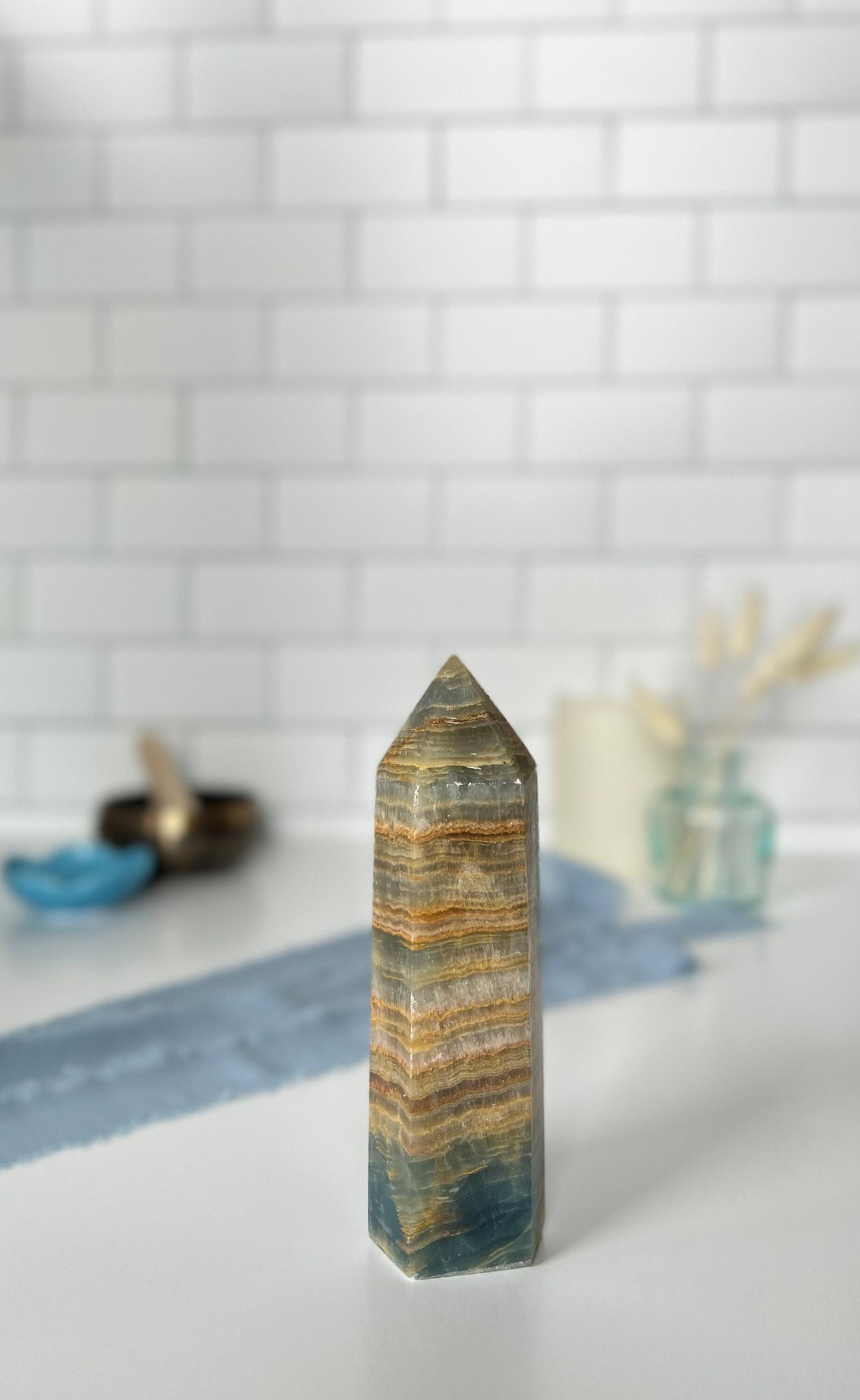 Blue Onyx, Blue Lemurian Aquatine, Aqua Tine, Blue Crystal Tower, 6 inches tall, weighs 1 pound.