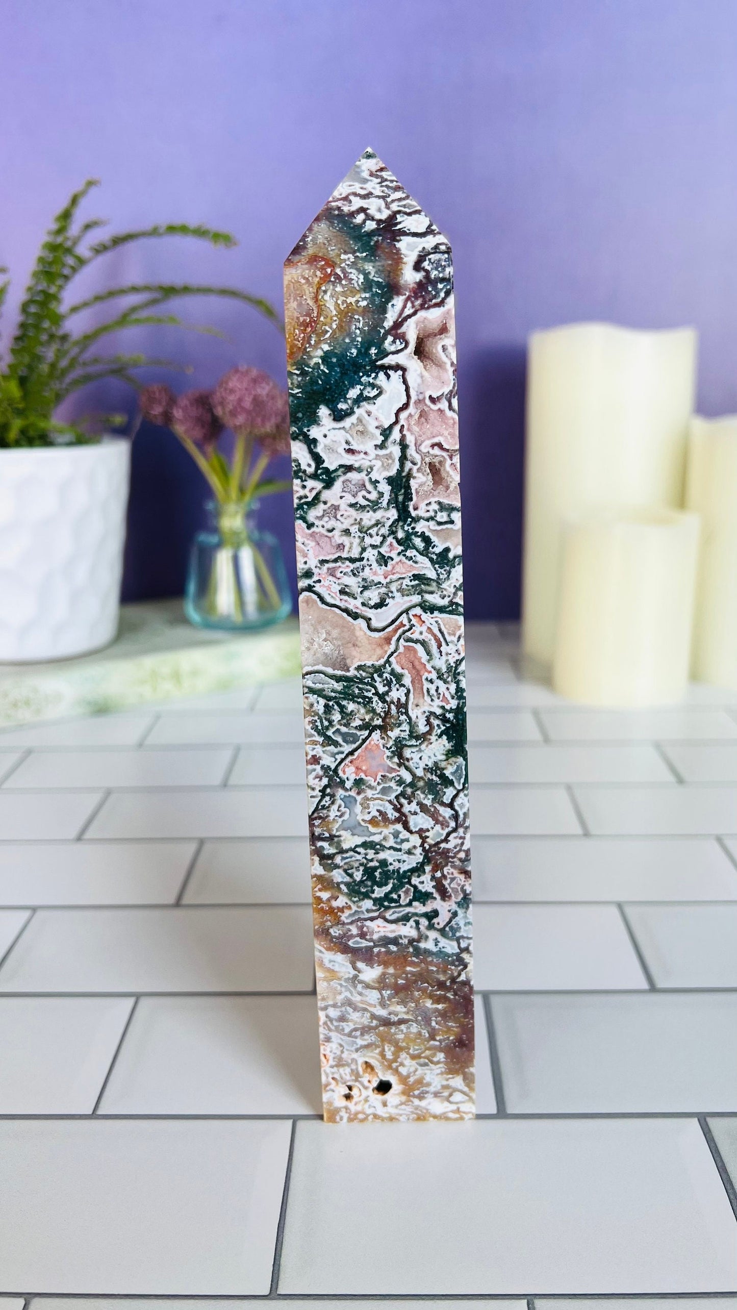 Incredible Pink Moss Agate Tower with Druzy crystal, 2.17 pounds, 9 1/4 inches, 4 sided Statement piece, CottageCore, FairyCore, Boho Decor