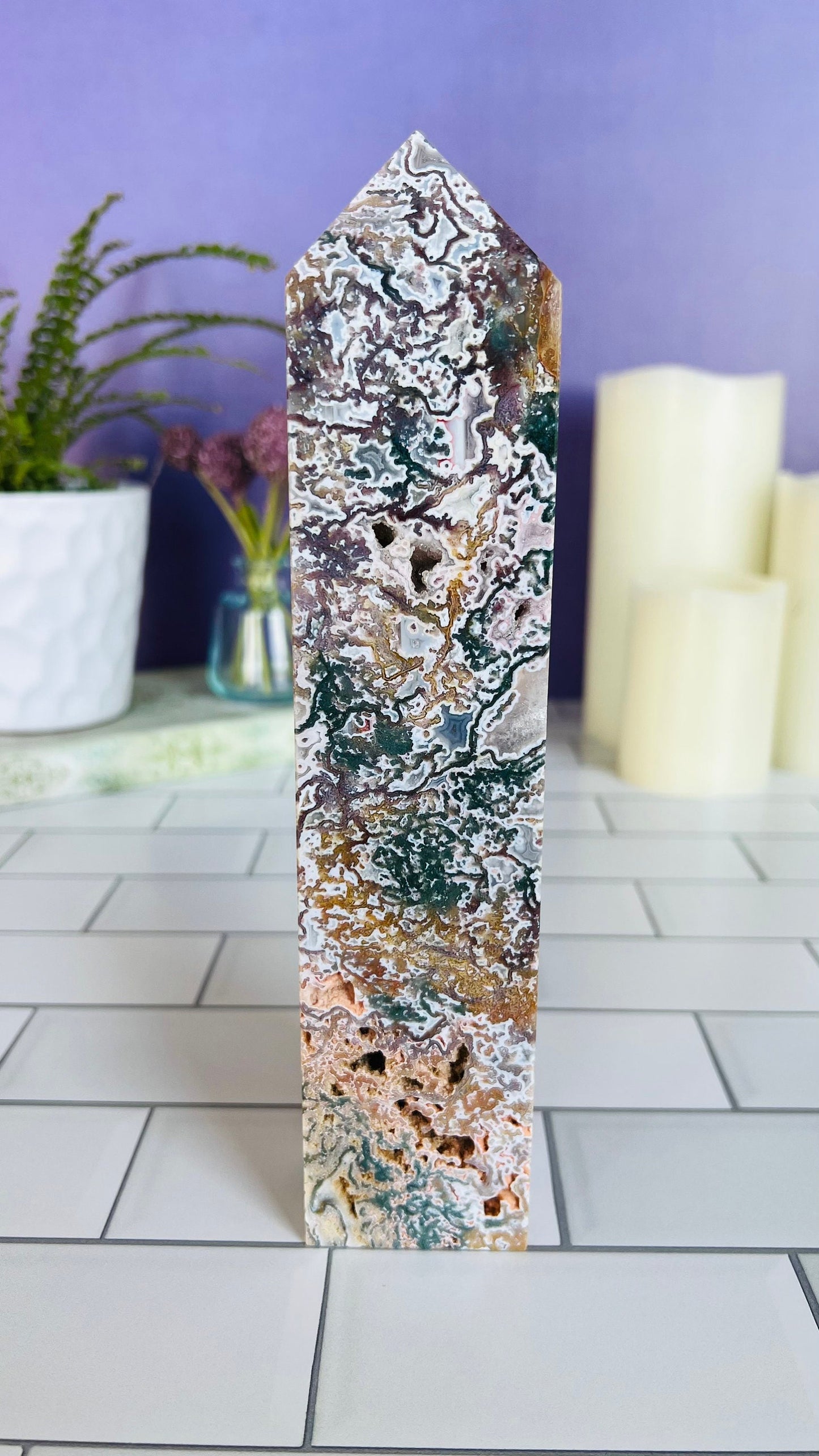Incredible Pink Moss Agate Tower with Druzy crystal, 2.17 pounds, 9 1/4 inches, 4 sided Statement piece, CottageCore, FairyCore, Boho Decor