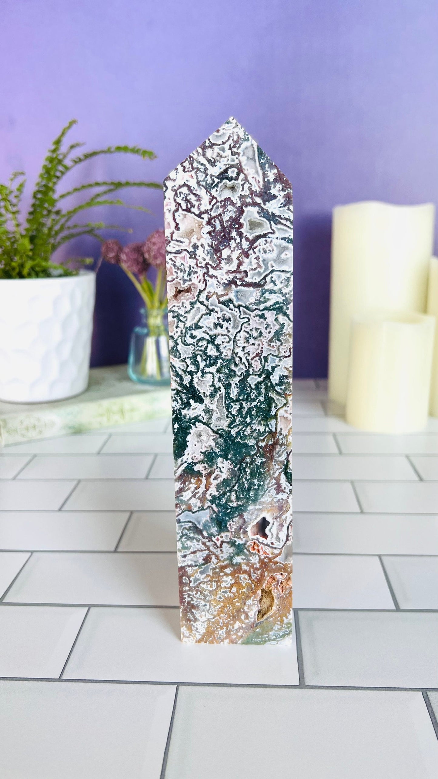 Incredible Pink Moss Agate Tower with Druzy crystal, 2.17 pounds, 9 1/4 inches, 4 sided Statement piece, CottageCore, FairyCore, Boho Decor