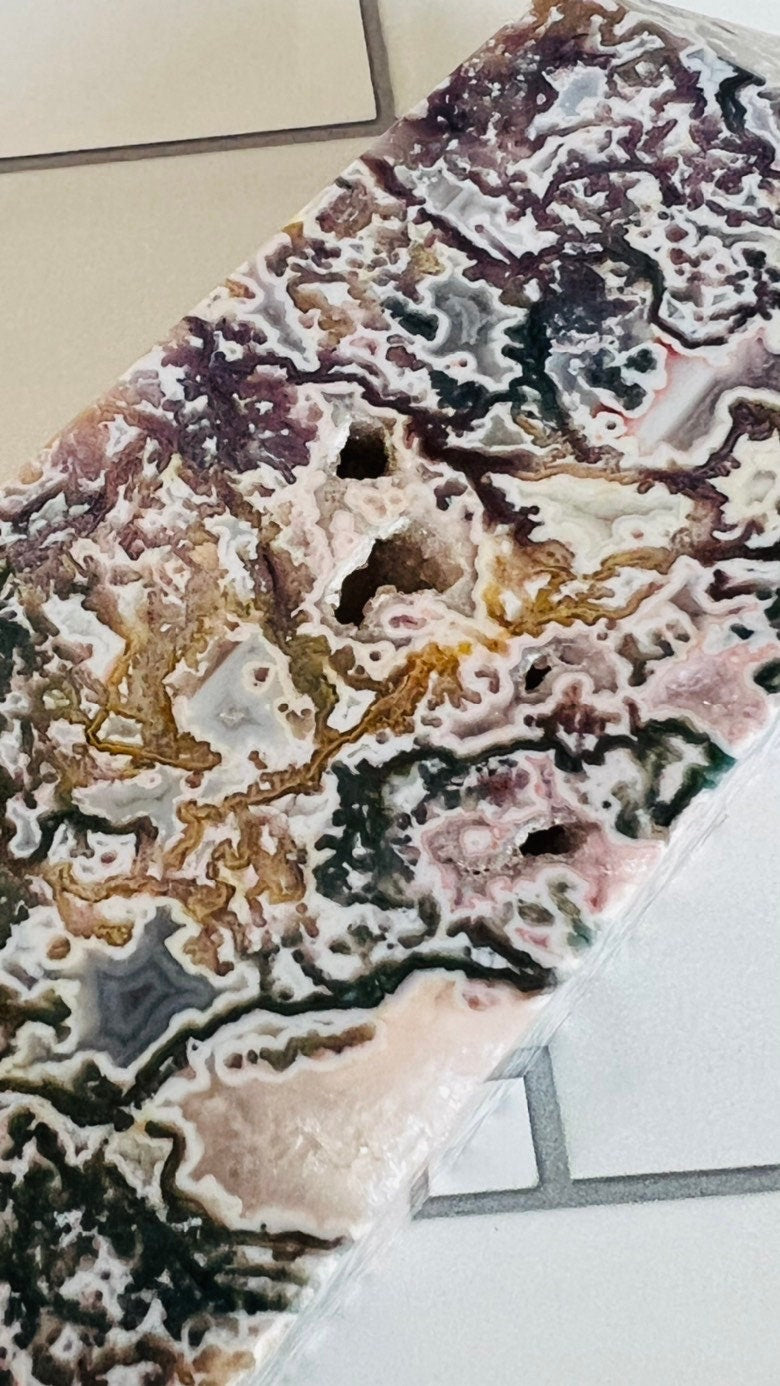 Incredible Pink Moss Agate Tower with Druzy crystal, 2.17 pounds, 9 1/4 inches, 4 sided Statement piece, CottageCore, FairyCore, Boho Decor