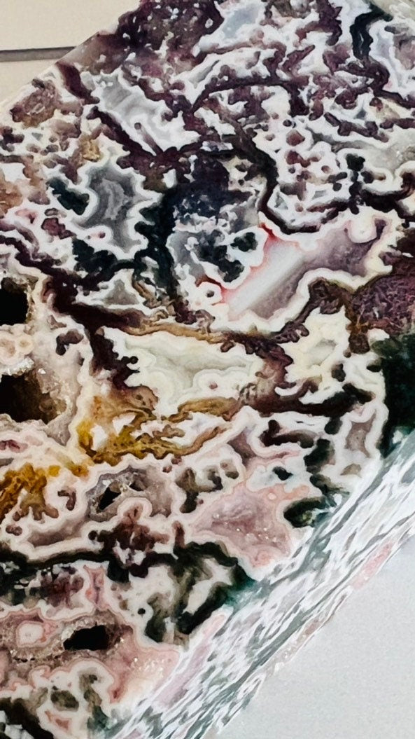 Incredible Pink Moss Agate Tower with Druzy crystal, 2.17 pounds, 9 1/4 inches, 4 sided Statement piece, CottageCore, FairyCore, Boho Decor