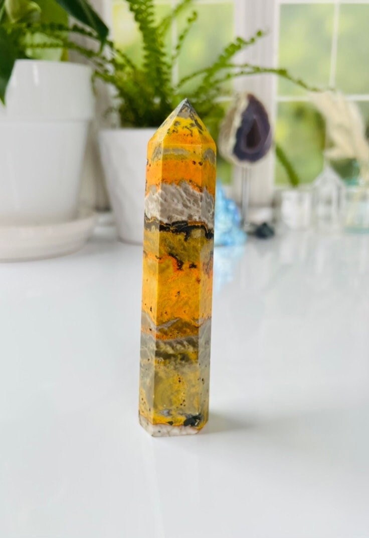 Bumble Bee Jasper Tower, bold and brightly colored crystal tower, 5 1/2 inches tall approx. 6.5 ounces.