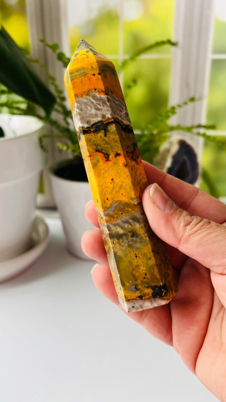 Bumble Bee Jasper Tower, bold and brightly colored crystal tower, 5 1/2 inches tall approx. 6.5 ounces.