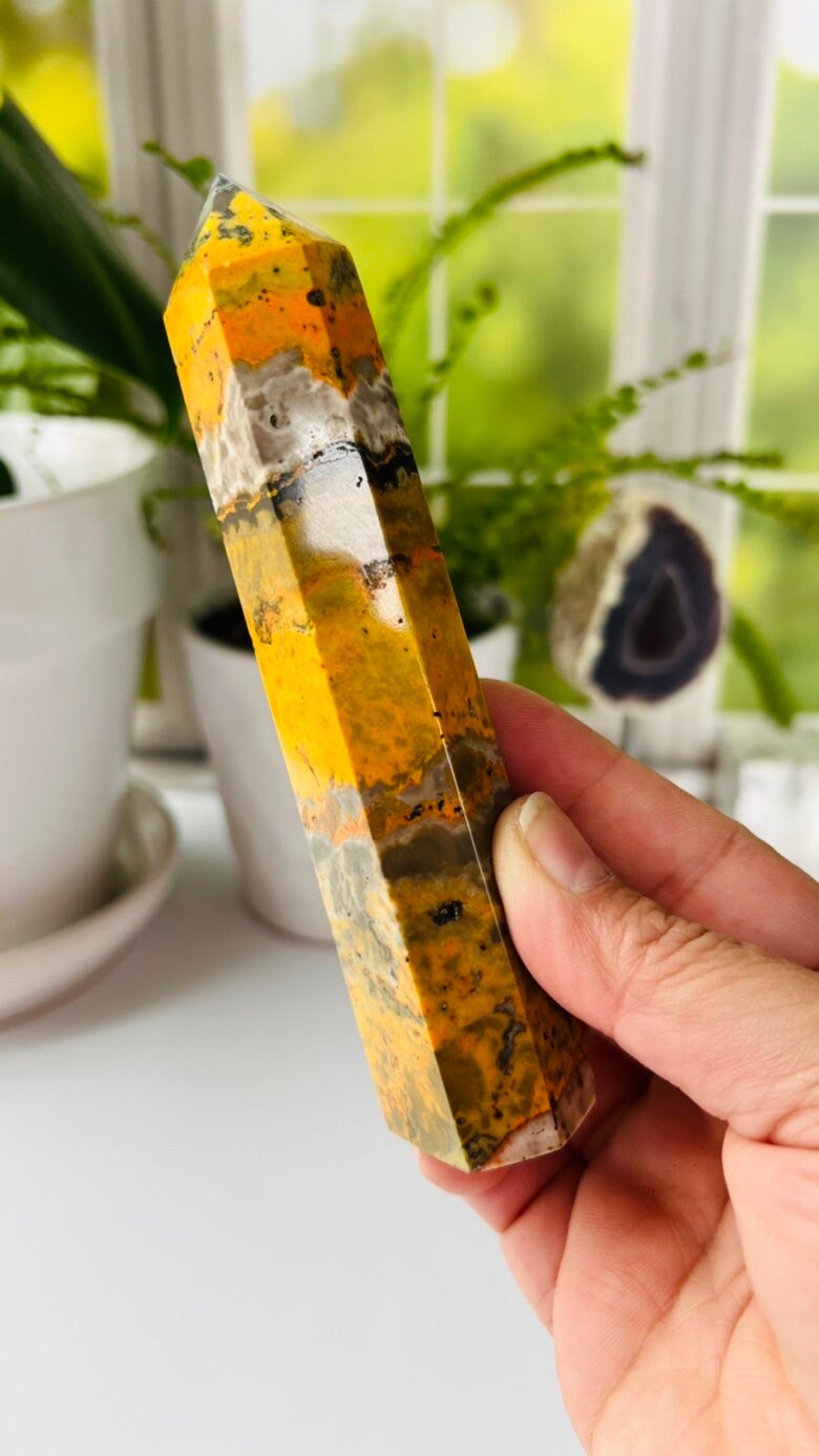 Bumble Bee Jasper Tower, bold and brightly colored crystal tower, 5 1/2 inches tall approx. 6.5 ounces.