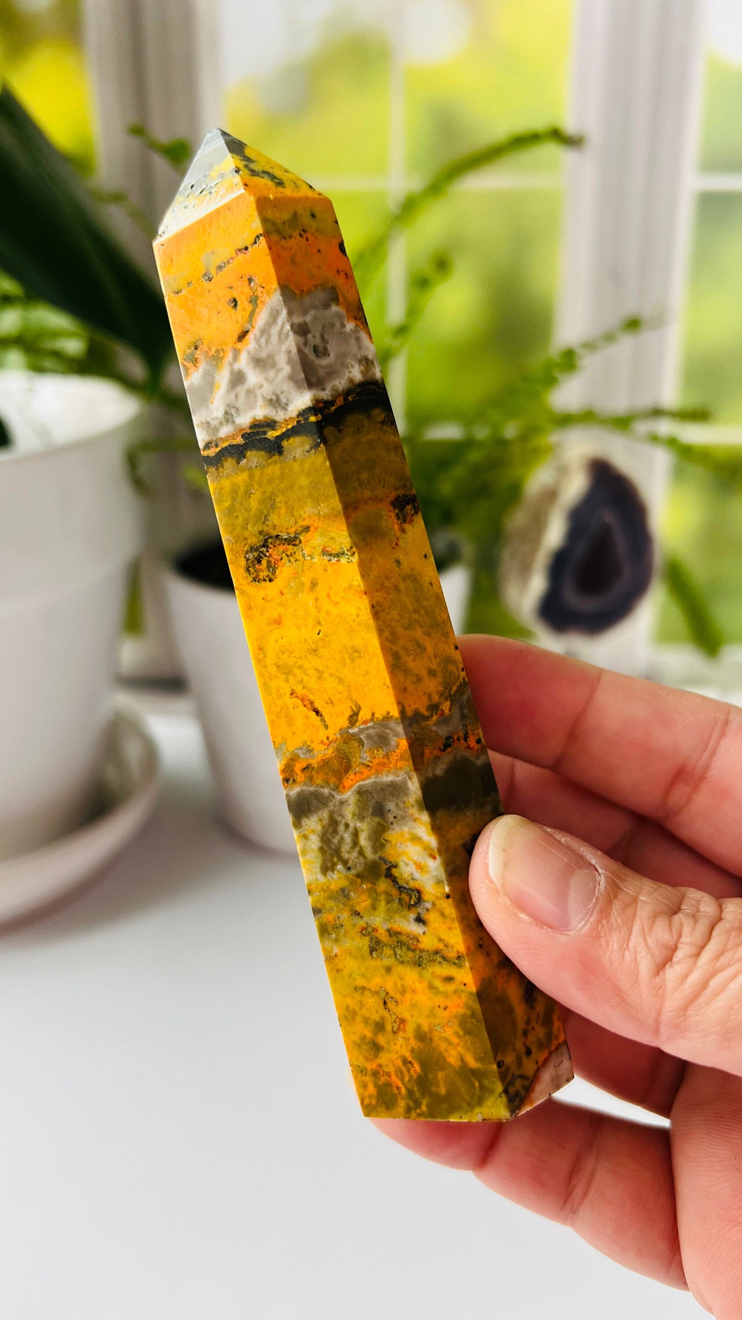 Bumble Bee Jasper Tower, bold and brightly colored crystal tower, 5 1/2 inches tall approx. 6.5 ounces.