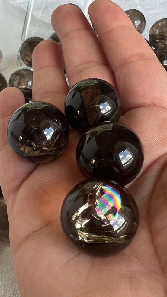 Stunning high-quality all-natural SMOKY QUARTZ spheres from Brazil (randomly chosen) with bright rainbows, One (1) 20-25mm