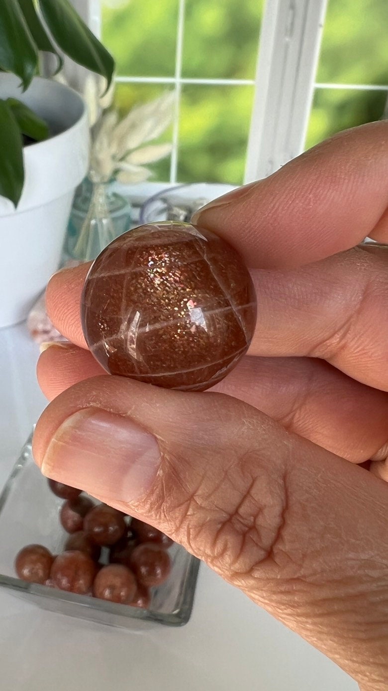Gorgeous high quality sunstone sphere, one (1) polished crystal ball, approx 10-15 grams per sphere x 0.9 inch around, Intuitively chosen