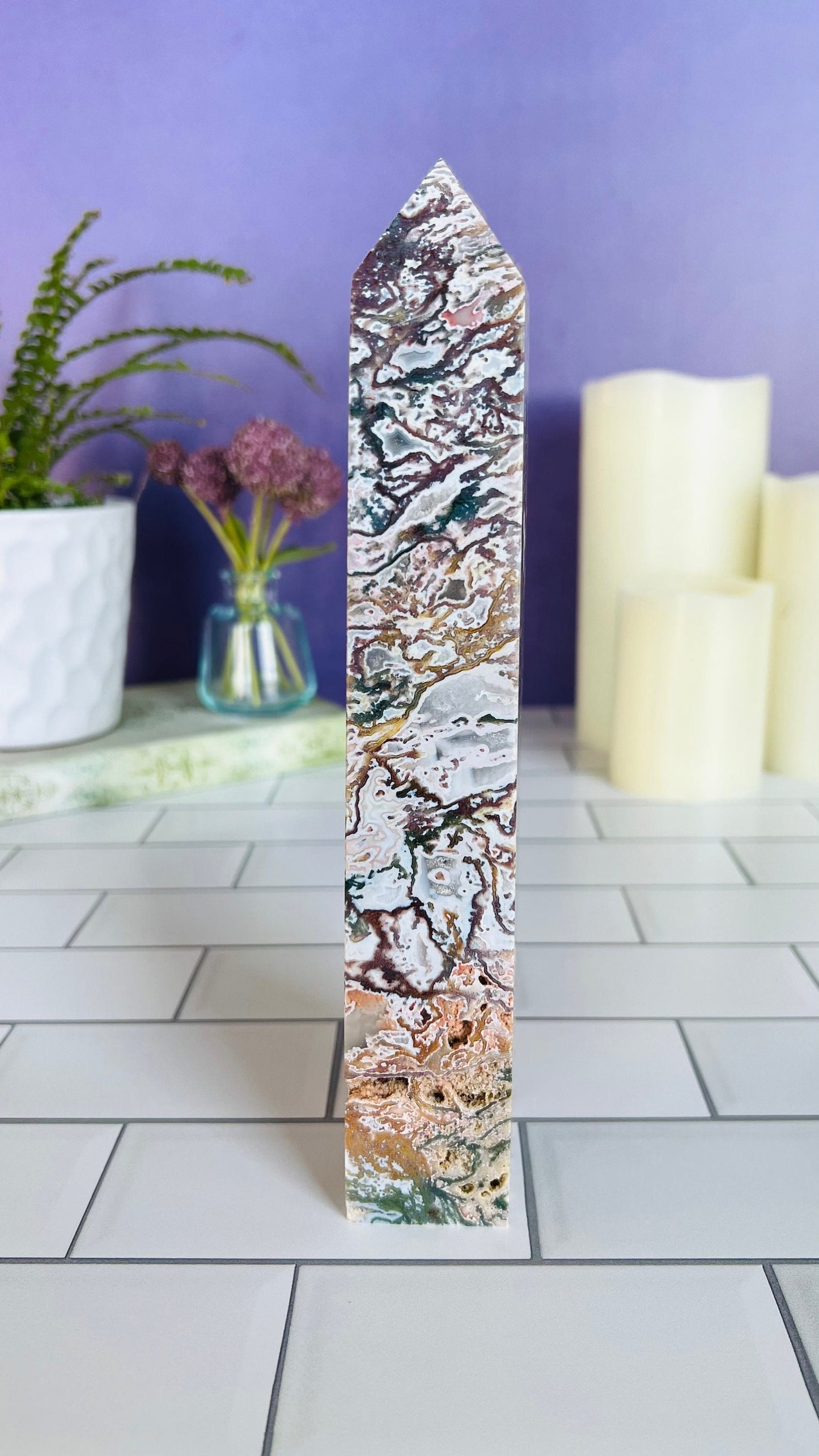 Incredible Pink Moss Agate Tower with Druzy crystal, 2.17 pounds, 9 1/4 inches, 4 sided Statement piece, CottageCore, FairyCore, Boho Decor