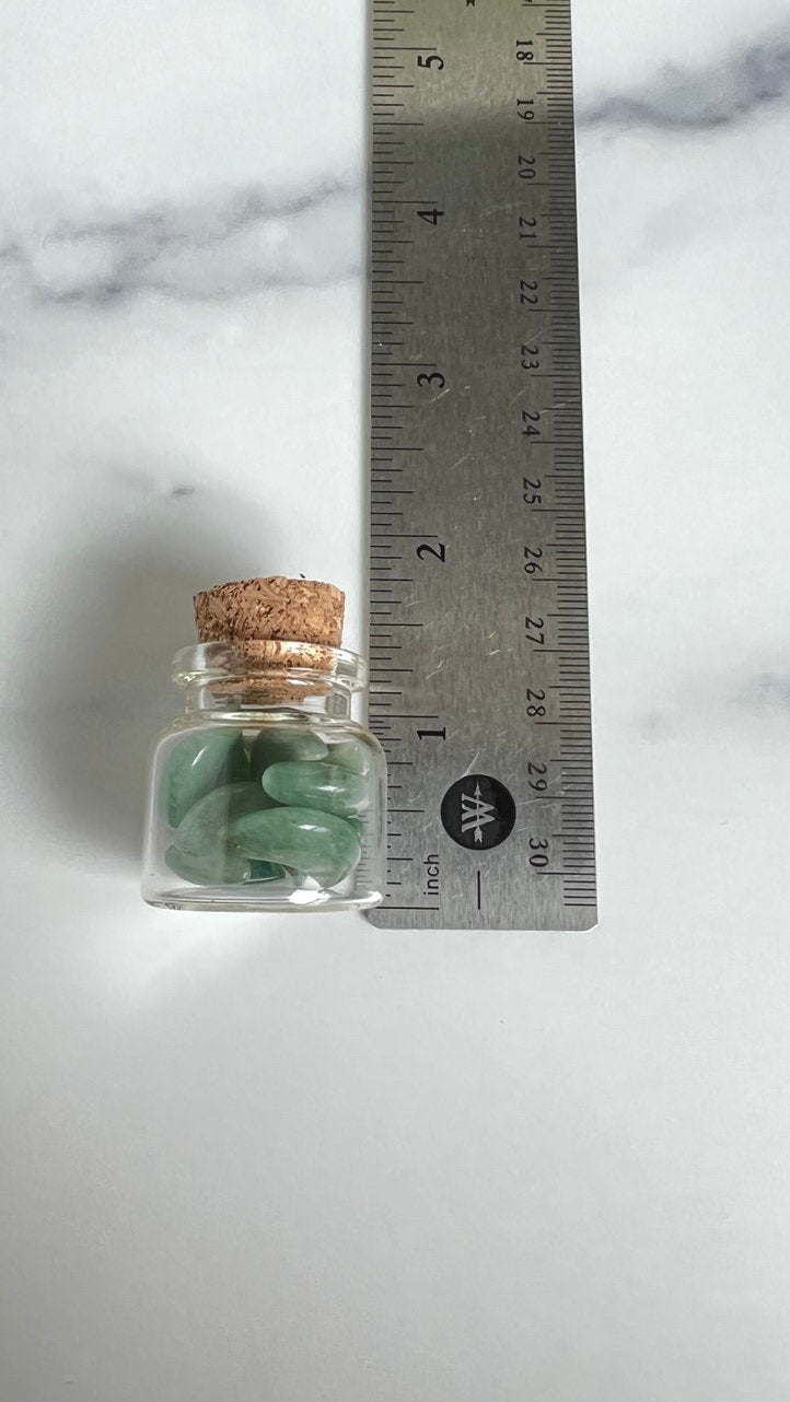Moonshadow collection. Adorable Green Aventurine mini moon shaped crystals in bottle with cork stopper wish bottle, includes 10 mini moons