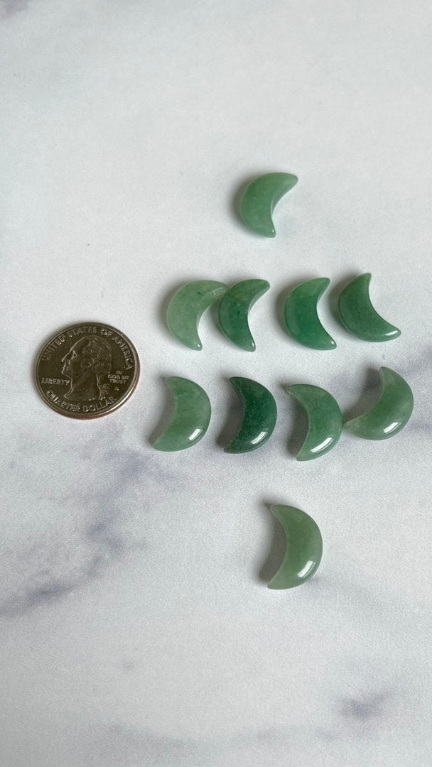 Moonshadow collection. Adorable Green Aventurine mini moon shaped crystals in bottle with cork stopper wish bottle, includes 10 mini moons