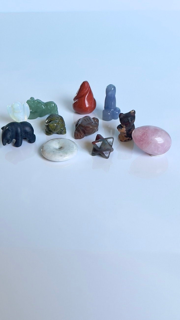 ORIGINAL MINI MIX, 3 oz of random Crystal Minis, Mushrooms, Hearts, Spheres, Moons, Stars, animals, Towers, and Pyramid carvings.