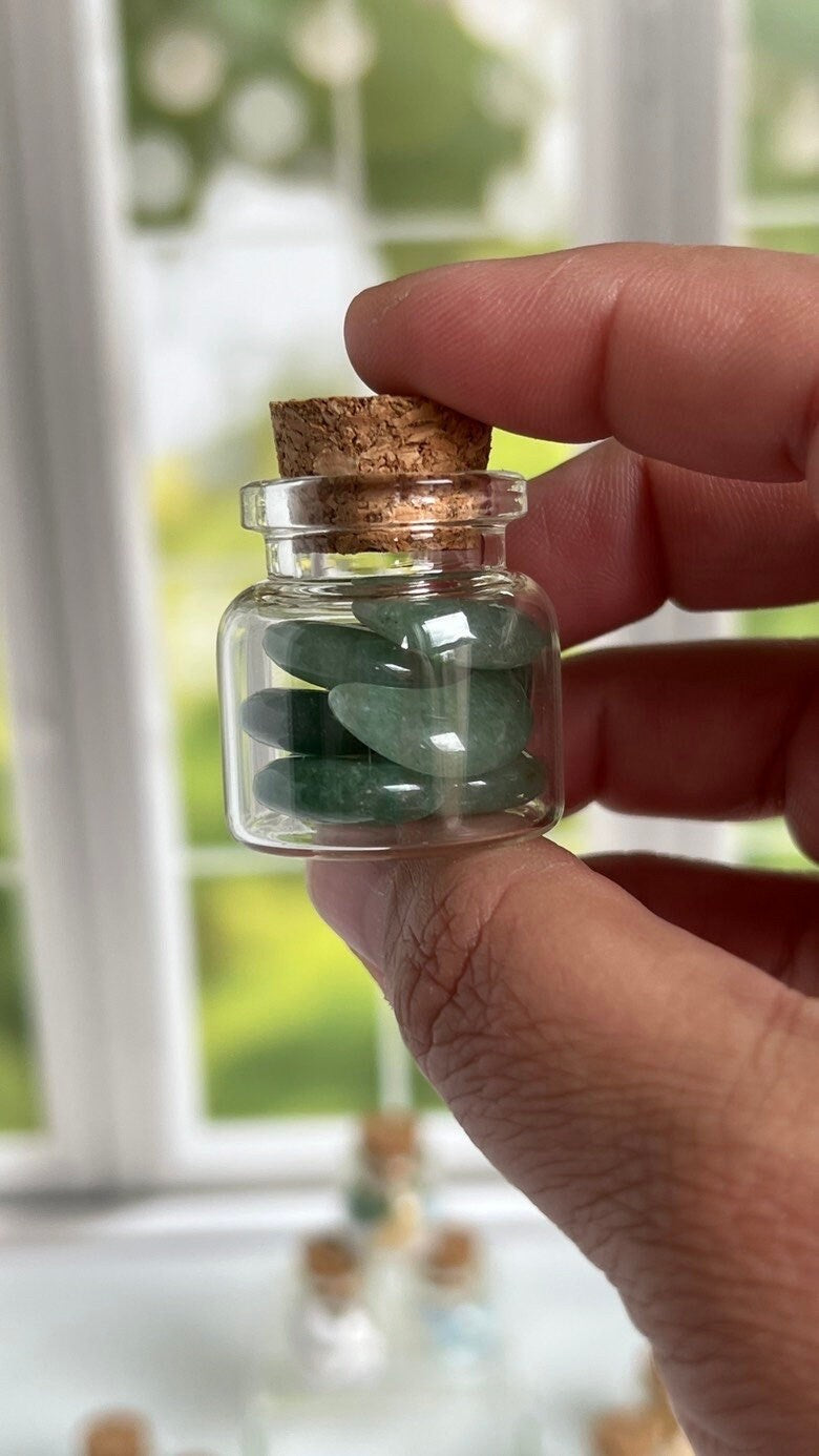 Moonshadow collection. Adorable Green Aventurine mini moon shaped crystals in bottle with cork stopper wish bottle, includes 10 mini moons