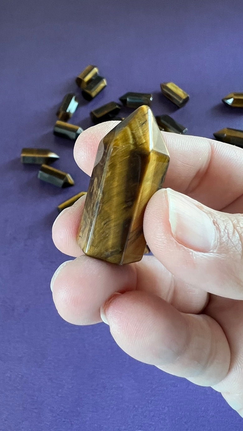 One (1) TIger's Eye Mini Point, 1.3 - 1.5 inch tall, with great Chatoyancy Mini Tower, Small, under ten dollars & perfect for beginners