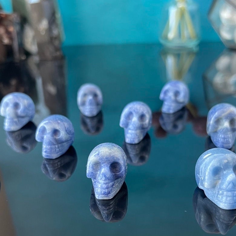 1 (one) Blue Aventurine Mini Crystal Skull, Hand Carved and approx 1 inch long. Dark Academia, Spooky Witchy Home Decor. Randomly Selected