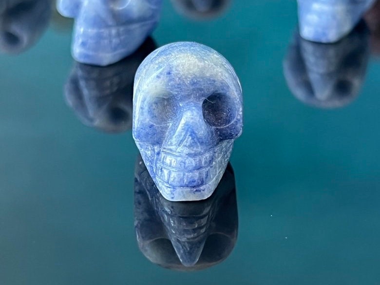 1 (one) Blue Aventurine Mini Crystal Skull, Hand Carved and approx 1 inch long. Dark Academia, Spooky Witchy Home Decor. Randomly Selected