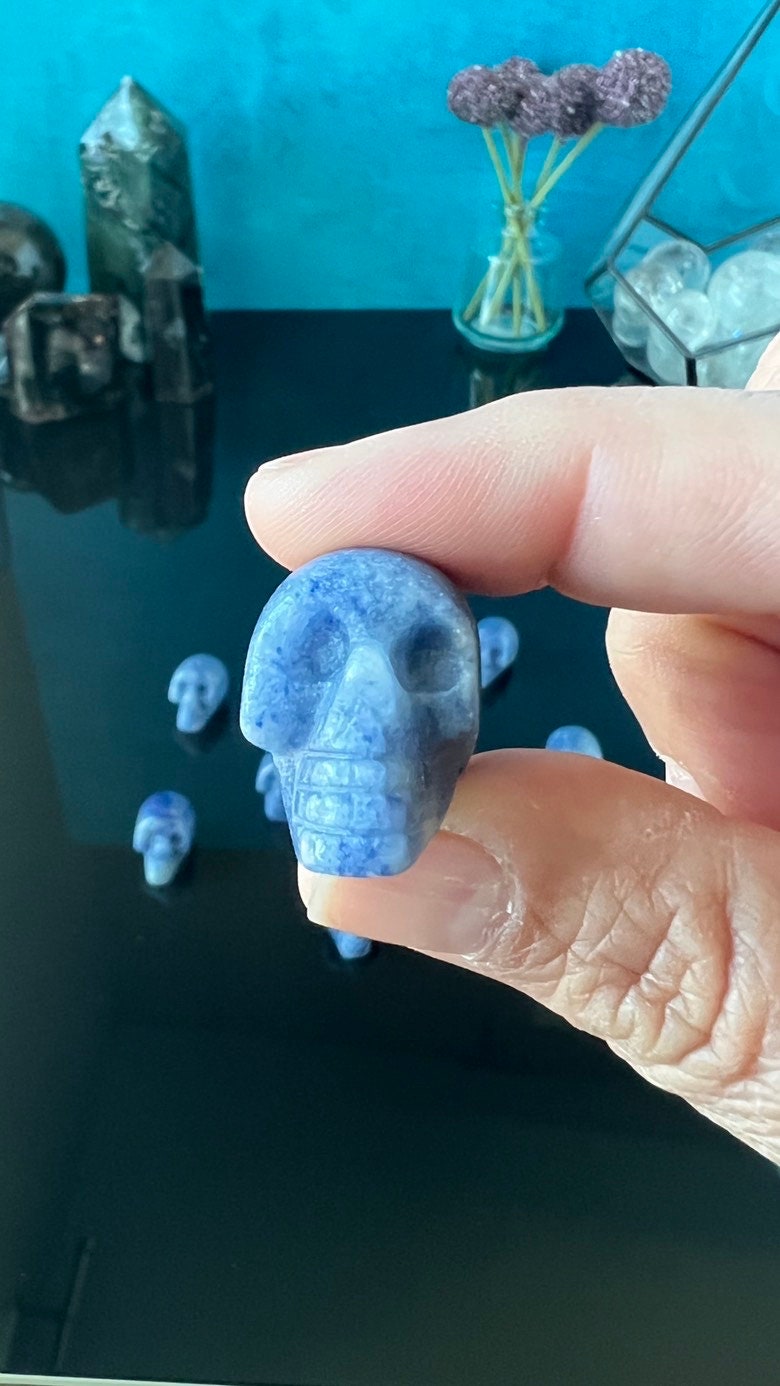 1 (one) Blue Aventurine Mini Crystal Skull, Hand Carved and approx 1 inch long. Dark Academia, Spooky Witchy Home Decor. Randomly Selected