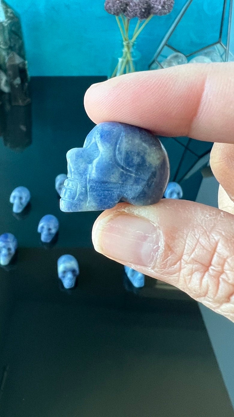 1 (one) Blue Aventurine Mini Crystal Skull, Hand Carved and approx 1 inch long. Dark Academia, Spooky Witchy Home Decor. Randomly Selected