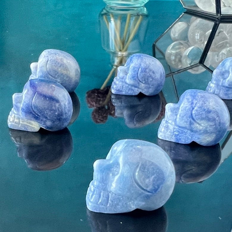 1 (one) Blue Aventurine Mini Crystal Skull, Hand Carved and approx 1 inch long. Dark Academia, Spooky Witchy Home Decor. Randomly Selected