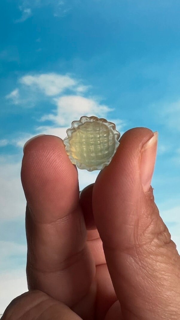 1 (one) Charming yellow fluorite Sun, 1/2 inch crystal, hand carved crystal, Teeny tiny crystal carving, no, seriously, it's small.