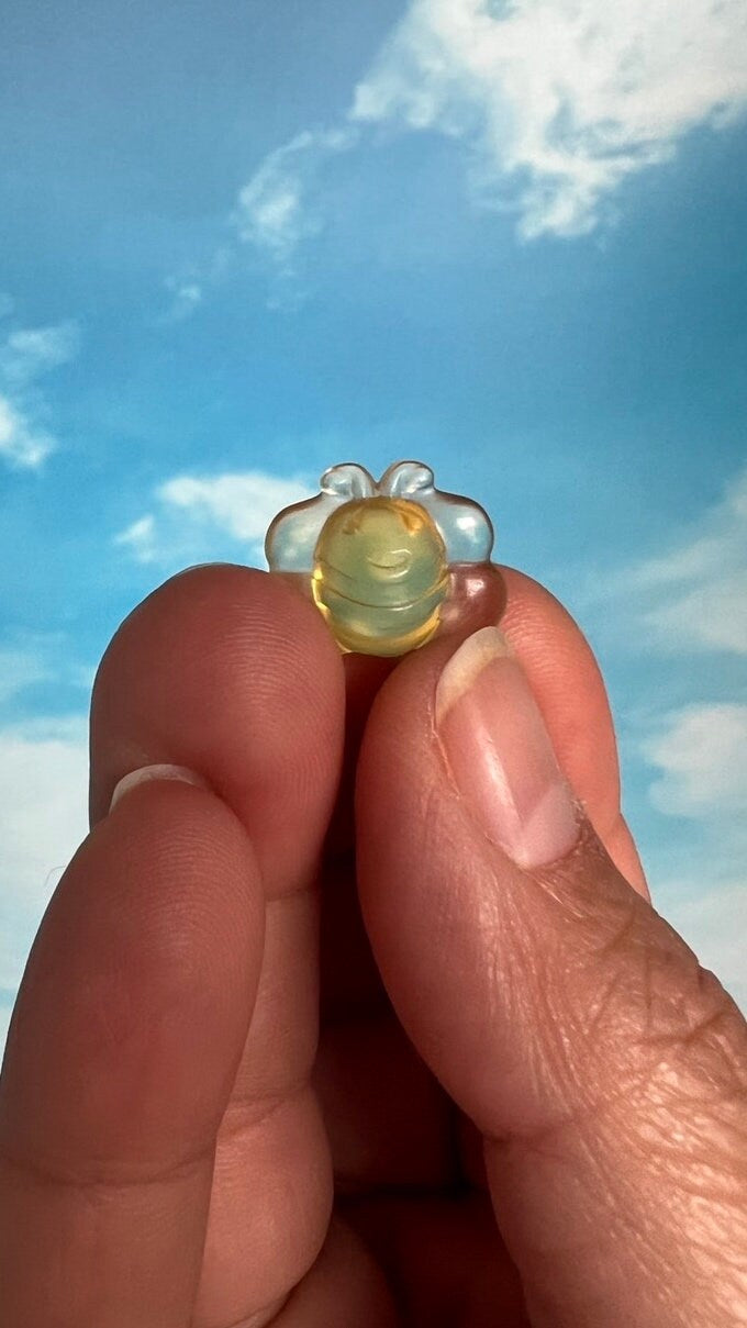 1 (one) Darling Yellow Fluorite Bumblebee, 1/2 inch crystal, hand carved crystal, Teeny tiny crystal carving, no, seriously, it's small.