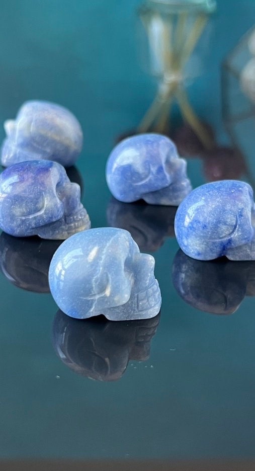 1 (one) Blue Aventurine Mini Crystal Skull, Hand Carved and approx 1 inch long. Dark Academia, Spooky Witchy Home Decor. Randomly Selected