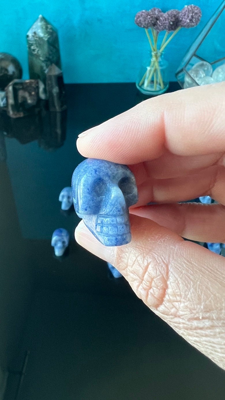 1 (one) Blue Aventurine Mini Crystal Skull, Hand Carved and approx 1 inch long. Dark Academia, Spooky Witchy Home Decor. Randomly Selected