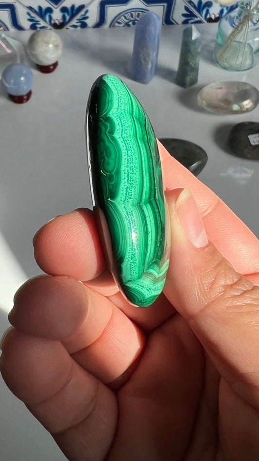 Congo Malachite Palm Stone with gorgeous pattern, High Quality and Shine surface, 2 3/8 inches 2.9 ounces
