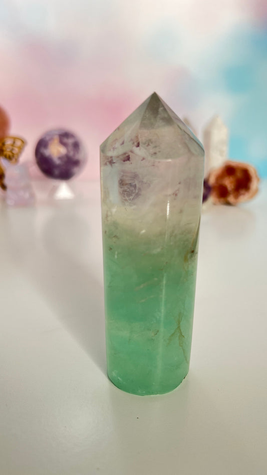 Stunning Fluorite Cylindrical base tower with wonderful clarity and gorgeous green color. Rainbow inclusion on top. (FCT-60)