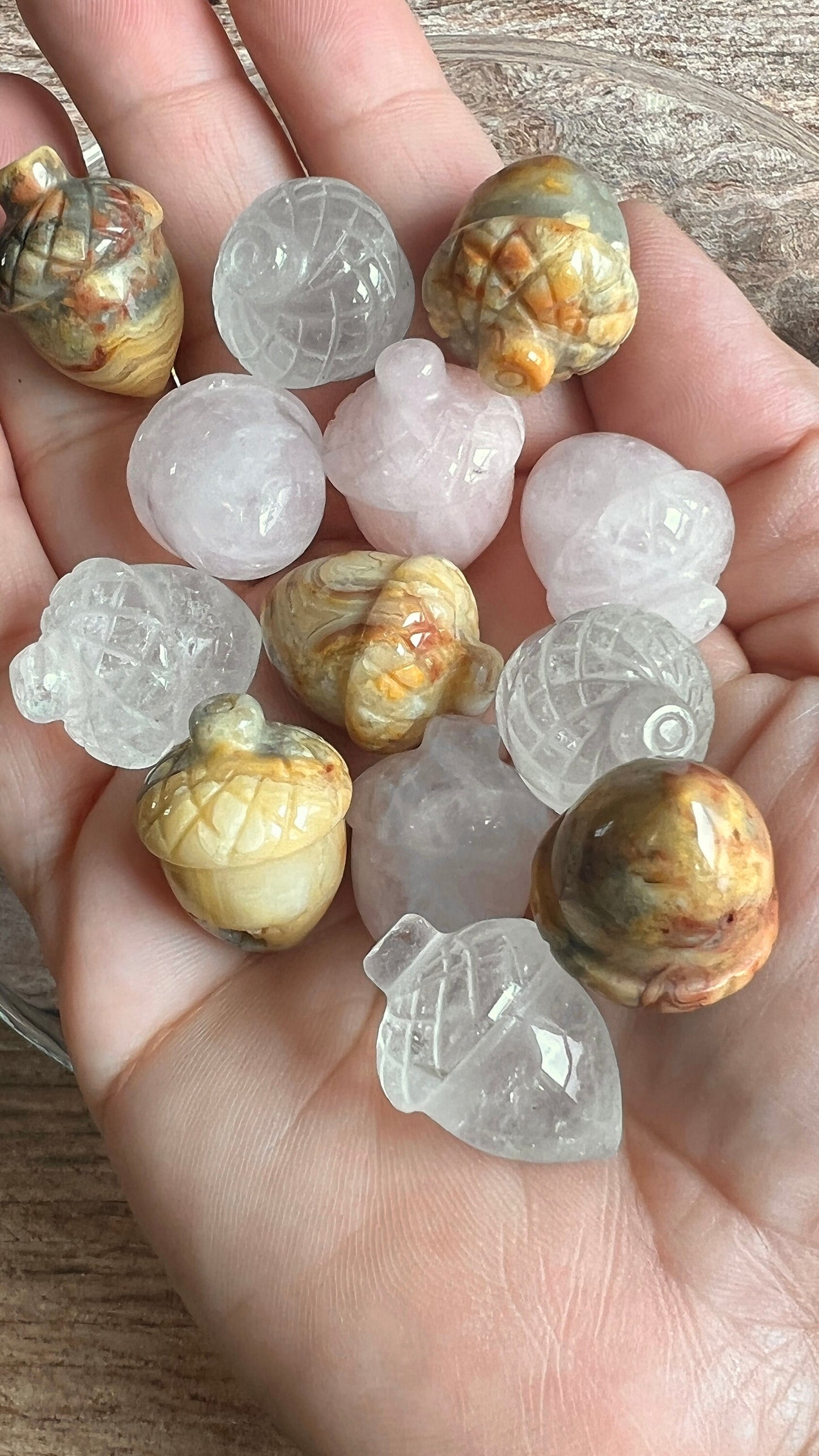 One (1) Beautifully carved 1 inch Crystal Acorn, Pick from Crazy Lace Agate, Rose Quartz, and Clear Quartz!