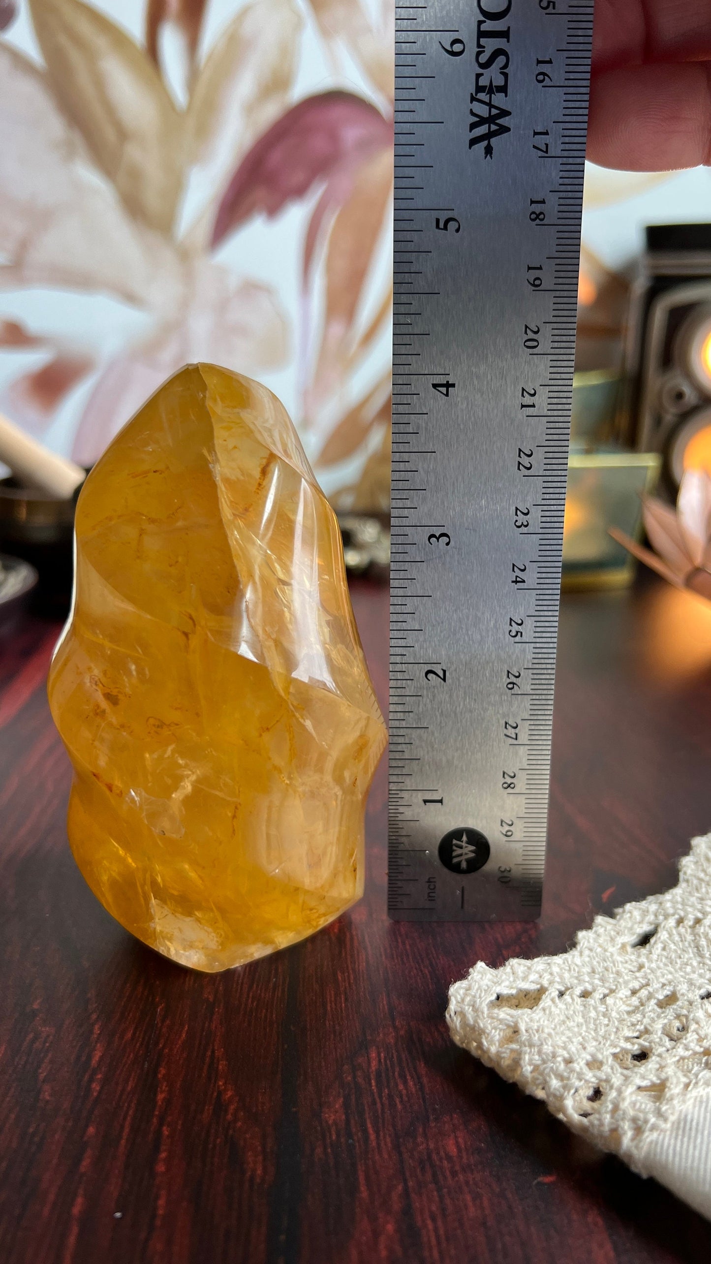 Gorgeous Golden Healer Flame, 4 inches tall weighs 1.2 pounds, with rainbows. (GHF-1)