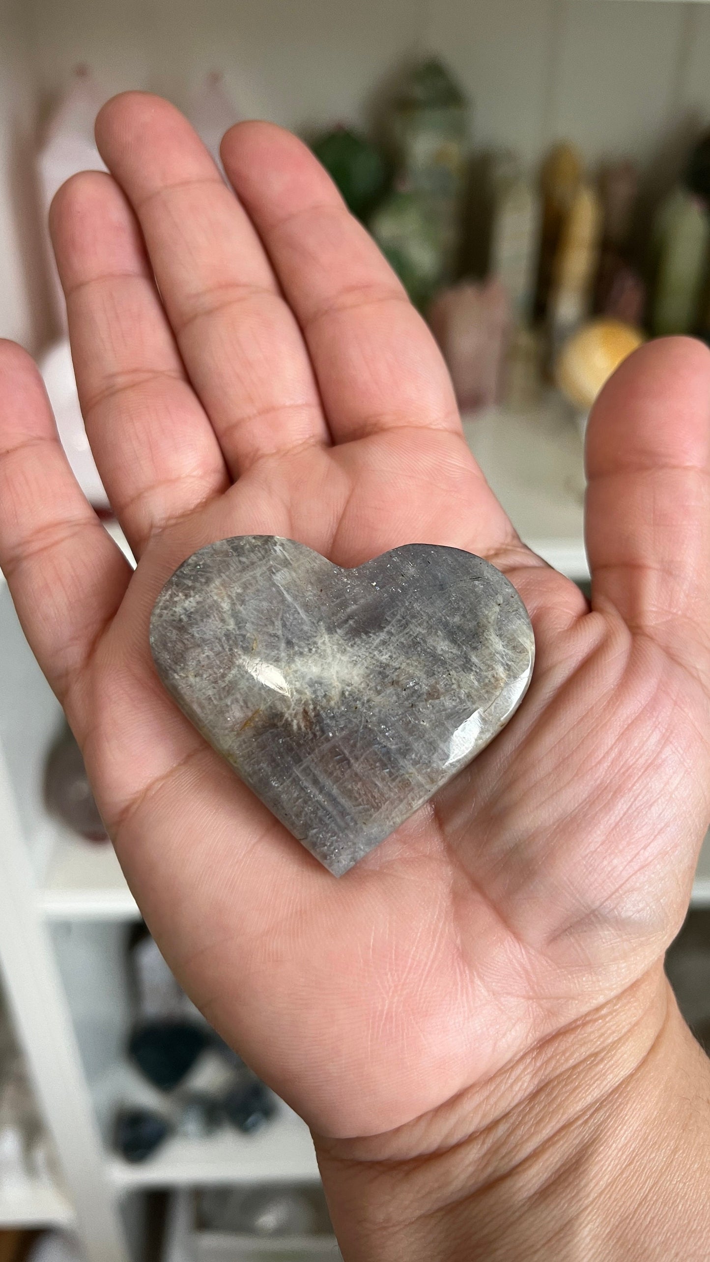 One (1) Gorgeous Moonstone heart with bright blue flash. 2 1/4 inches *Midnights curated crystals* Intuitively chosen from our general stock