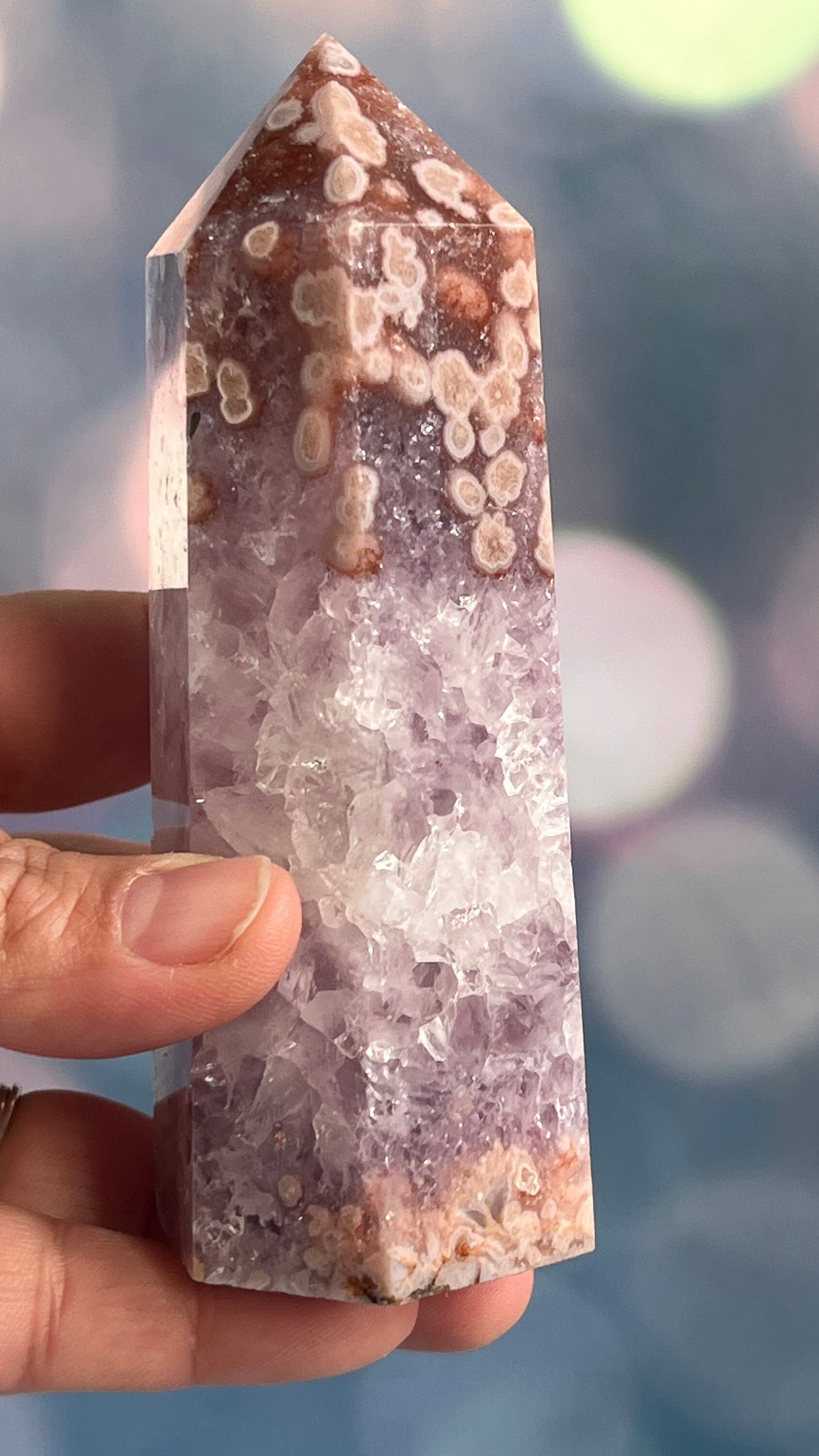 Incredible AAA+ Amethyst and Pink Flower Agate Tower 5 inches tall and weighs 14.5 ounces (AFA-1)