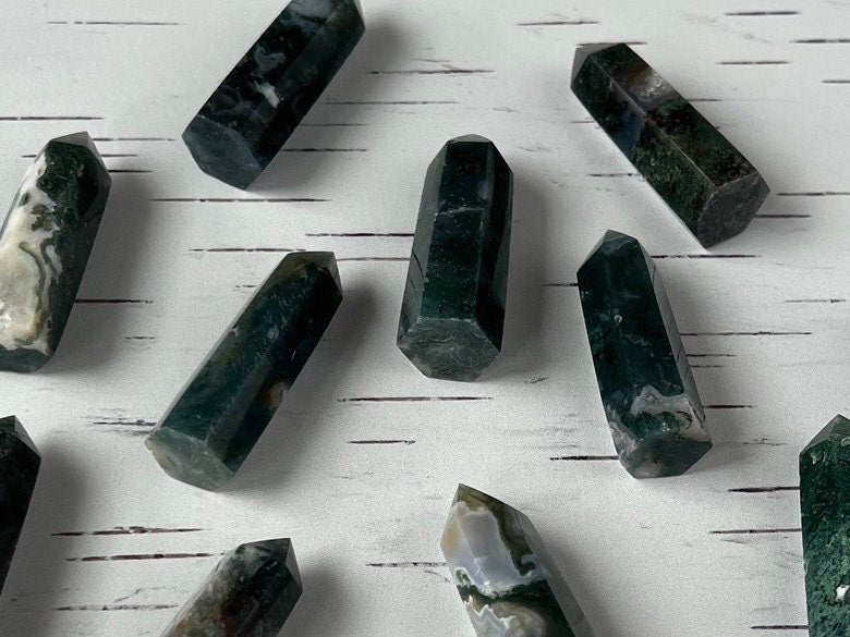 1 (one) Beautiful Moss Agate Small Tower approx. 2 inches, Intuitively Chosen for you.