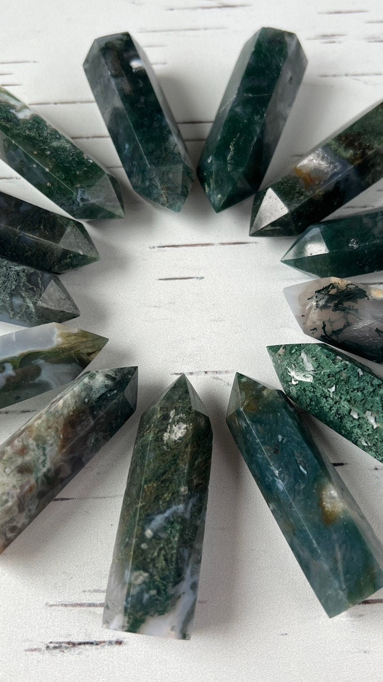 1 (one) Beautiful Moss Agate Small Tower approx. 2 inches, Intuitively Chosen for you.